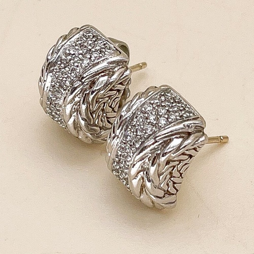 John Hardy Chain LInk Sterling, 18K Gold, Diamond Stud Dome Shaped Earrings - Picture 2 of 8